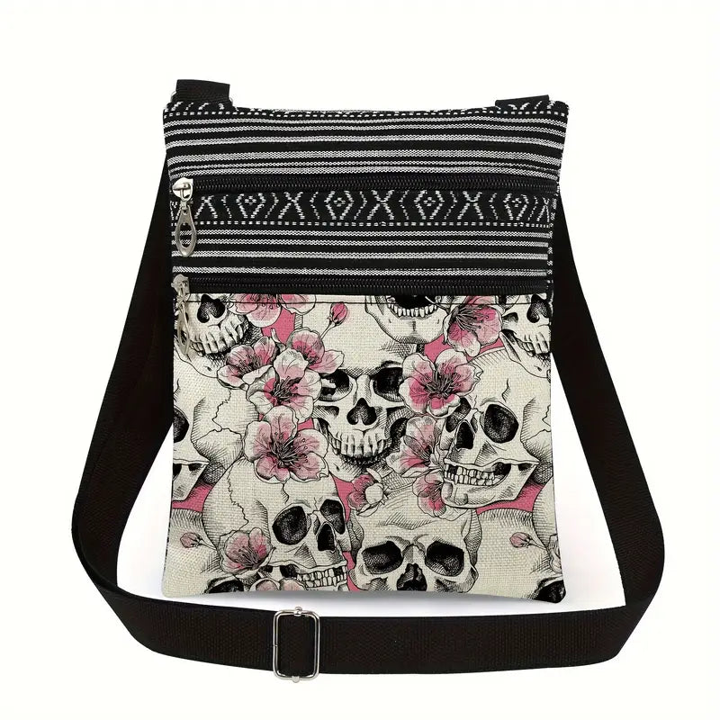 Adjustable Cross-Body Sling Bag with Skull Print