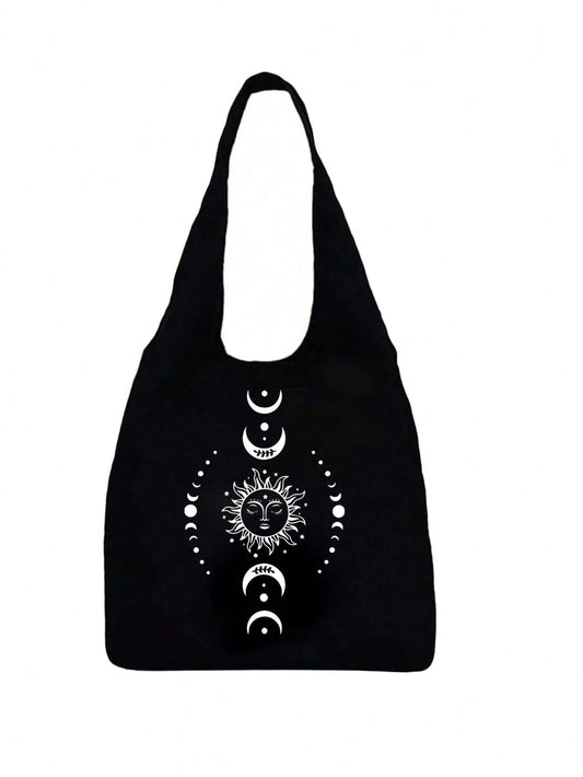 Sun, Moon And Stars Printed Canvas Shoulder Bag,