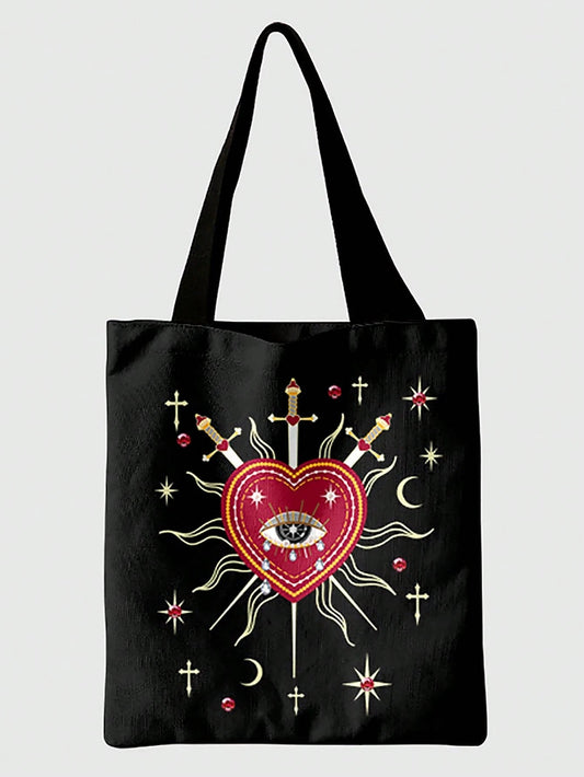Crying Eye, Heart  Sword Pattern Canvas Tote Bag,